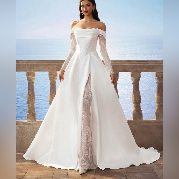 Dresses & Skirts - Elegant Off-Shoulder White Lace Corset Wedding Dress